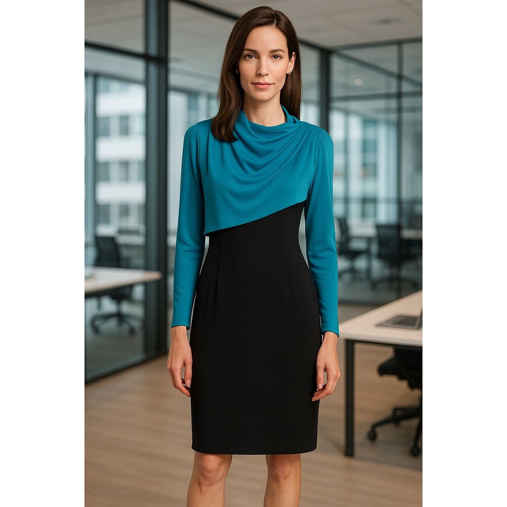 Carlisle 100% Wool Sheath Dress Black & Teal  Womens 14 Long Sleeve Vintage Posh